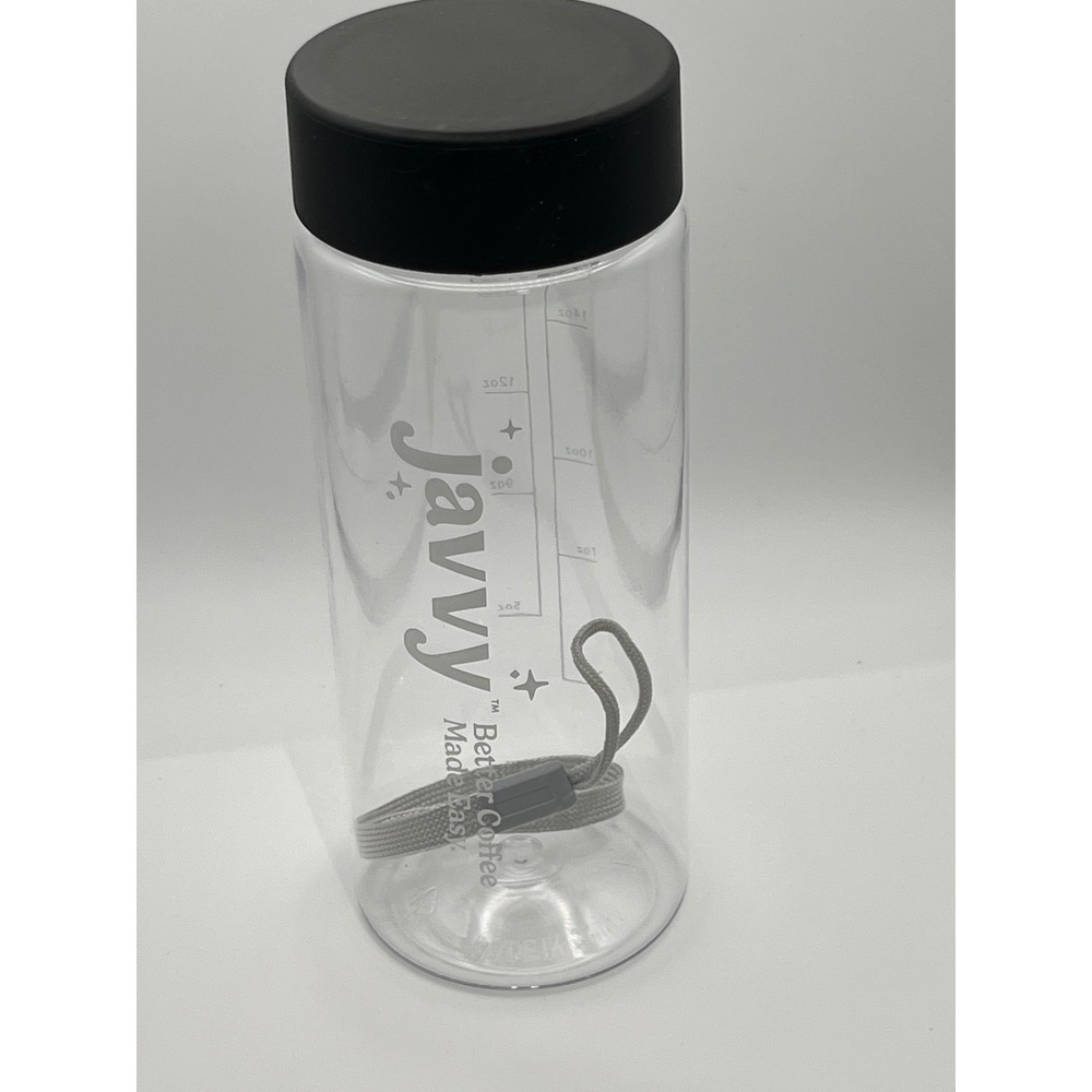 Javvy Better Coffee Made Easy Clear Plastic Shaker Bottle 21oz Black Lid Strap